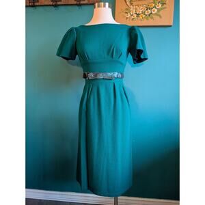 Vintage Teal Wool Dress Short Sleeve Midi Classic Retro Elegance 1950s Style